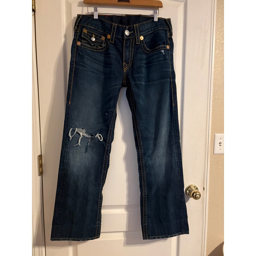 True Religion Ricky Big T Jeans Mens 32 Dark Wash Good Distressed Straight Leg